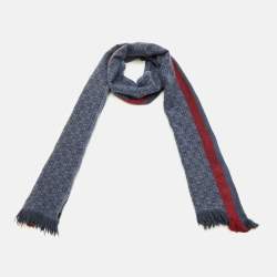 Pre Owned وشاح غوتشي صوف جاكارد جي جي ويب مخطط أزرق