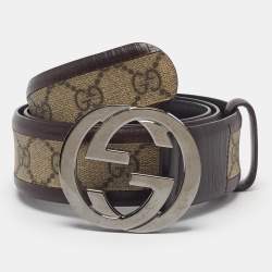 مملوكة مسبقًا Gucci Interlocking G 85 CM Buckle Belt Beige/Brown GG Supreme Canvas and Leather