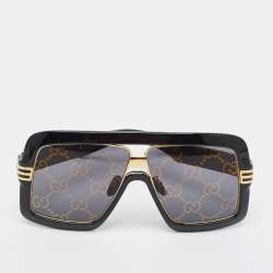 مملوكة مسبقًا Gucci Black/Gold Tone Monogram Lens GG0900S Shield Sunglasses 