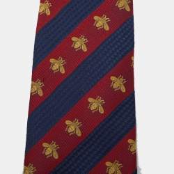 Pre Owned Gucci Red/Blue Striped Bee and Web Silk Jacquard Classic Tie 