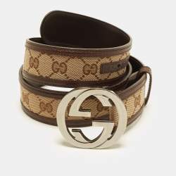 Pre Owned Gucci Interlocking G 85 CM Buckle Belt Beige/Brown GG Canvas and Leather