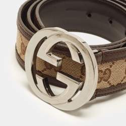 Pre Owned Gucci Interlocking G 85 CM Buckle Belt Beige/Brown GG Canvas and Leather