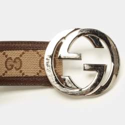 Pre Owned Gucci Interlocking G 85 CM Buckle Belt Beige/Brown GG Canvas and Leather