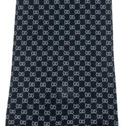 Pre Owned Gucci Navy Blue Silk Jacquard Logo Patterned Tie 