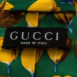 مملوكة مسبقًا ربطة عنق غوتشي فينتدج حرير مطبوع مورد أخضر و أصفر