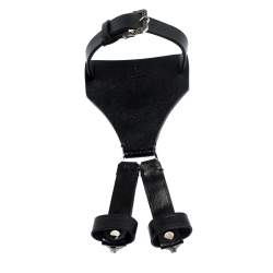 Pre Owned Gucci Feline Head Studded Black Leather Silver Tone Hand Harness Finger Ring Cuff Bracelet L