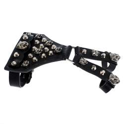Pre Owned Gucci Feline Head Studded Black Leather Silver Tone Hand Harness Finger Ring Cuff Bracelet L