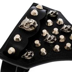 Pre Owned Gucci Feline Head Studded Black Leather Silver Tone Hand Harness Finger Ring Cuff Bracelet L
