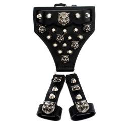 Pre Owned Gucci Feline Head Studded Black Leather Silver Tone Hand Harness Finger Ring Cuff Bracelet L
