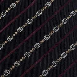 Pre Owned Gucci Black Diagonal Striped Monogram Jacquard Silk Tie