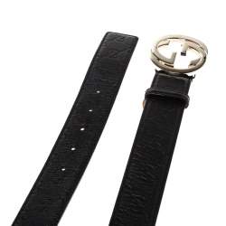 Pre Owned حزام غوتشي بإبزيم جي جي متداخل جلد غوتشيسيما أسود 95 سم