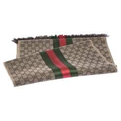 Pre Owned Gucci Brown Web Striped GG Jacquard Knit Wool & Silk Scarf