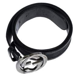 Pre Owned Gucci Black GG Canvas and Leather Interlocking G Buckle Belt 100CM