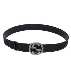 Pre Owned Gucci Black GG Canvas and Leather Interlocking G Buckle Belt 100CM