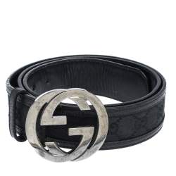 Pre Owned Gucci Black GG Canvas and Leather Interlocking G Buckle Belt 100CM