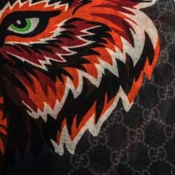 Gucci Grey & Navy Web Stripe Wolf Head Wool Stole 
