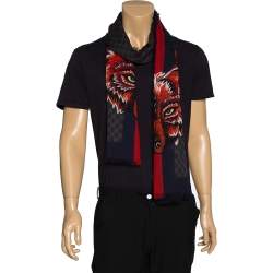 Gucci Grey & Navy Web Stripe Wolf Head Wool Stole 