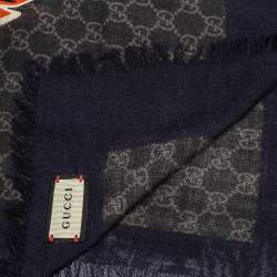 Gucci Grey & Navy Web Stripe Wolf Head Wool Stole 