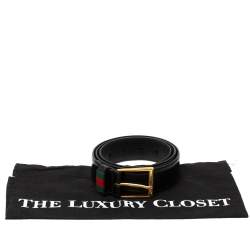 Pre Owned Gucci Black Leather Web Buckle Belt 85CM