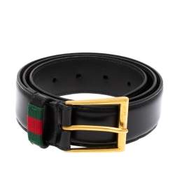 Pre Owned Gucci Black Leather Web Buckle Belt 85CM