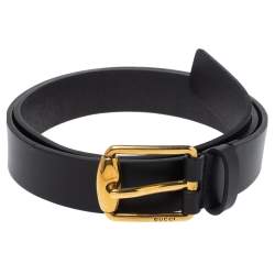 Pre Owned Gucci Black Leather Signature Buckle Belt Size 90 CM