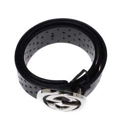 Pre Owned Gucci Black Perforated  Leather Interlocking G Buckle Belt 90CM