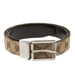 Pre Owned Gucci Beige/Brown GG Canvas and Leather Square Buckle Belt 95CM