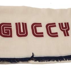 Gucci Cream Silk Modal Guccy Print Web Striped Shawl