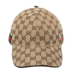 Pre Owned Gucci Beige Logo Monogram Web Stripe Detail Canvas Baseball Cap XL