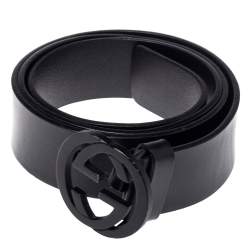 مملوكة مسبقًا Gucci Black Leather Interlocking G Buckle Belt 95CM