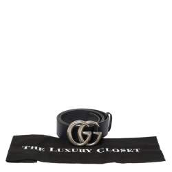 Pre Owned Gucci Blue Leather GG Marmont Buckle Belt 95CM