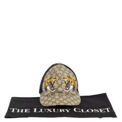 Pre Owned Gucci Beige Tiger Printed Canvas & Mesh Baseball Cap L