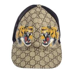 Pre Owned Gucci Beige Tiger Printed Canvas & Mesh Baseball Cap L