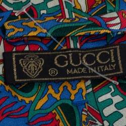 Pre Owned Gucci Green Flags Print Silk Tie