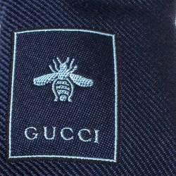 Pre Owned Gucci Navy Blue Tiger Embroidered Silk Skinny Tie