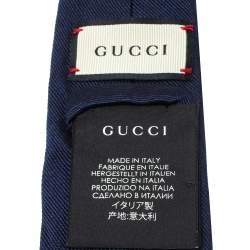 Pre Owned Gucci Navy Blue Tiger Embroidered Silk Skinny Tie