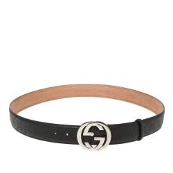 Pre Owned Gucci Black Guccissima Leather Interlocking G Buckle Belt 115CM