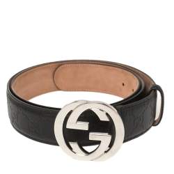 Pre Owned Gucci Black Guccissima Leather Interlocking G Buckle Belt 115CM