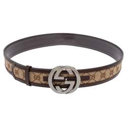 Pre Owned حزام غوتشي أبزيم جي جي متشابك جلد وكانفاس كريمي / بيج 85 سم