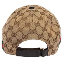 Pre Owned Gucci Beige Logo Monogram Web Stripe Detail Canvas Baseball Cap M