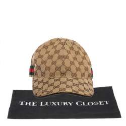 Pre Owned Gucci Beige Logo Monogram Web Stripe Detail Canvas Baseball Cap M