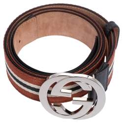 Pre Owned حزام غوتشي جلد وكانفاس ويب أسود إبزيم جي 95 سم