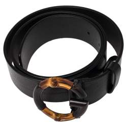 Pre Owned Gucci Black Leather G Bamboo Buckle Belt 85 CM