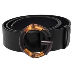 Pre Owned Gucci Black Leather G Bamboo Buckle Belt 85 CM