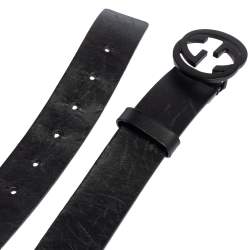 مملوكة مسبقًا Gucci Black Leather Interlocking G Buckle Slim Belt 110CM