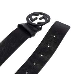 مملوكة مسبقًا Gucci Black Leather Interlocking G Buckle Slim Belt 110CM