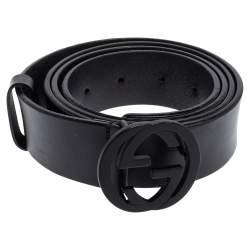 مملوكة مسبقًا Gucci Black Leather Interlocking G Buckle Slim Belt 110CM