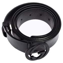 مملوكة مسبقًا Gucci Black Leather Interlocking G Buckle Slim Belt 110CM