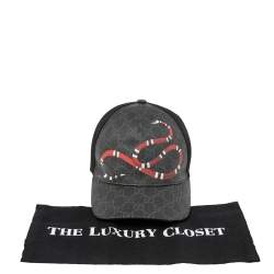 Pre Owned Gucci Black Kingsnake Print GG Supreme Leather Baseball Cap (58)