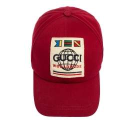 Pre Owned Gucci Red World Wide Applique Cotton Baseball Cap (60)